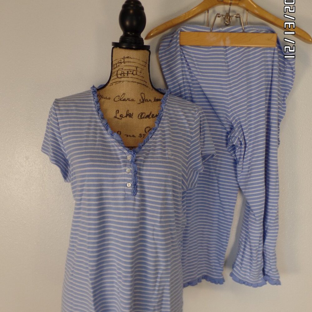Lauren Ralph Lauren 100% Cotton 2Pc pajama set Blue/White Stripes Ruffles Large